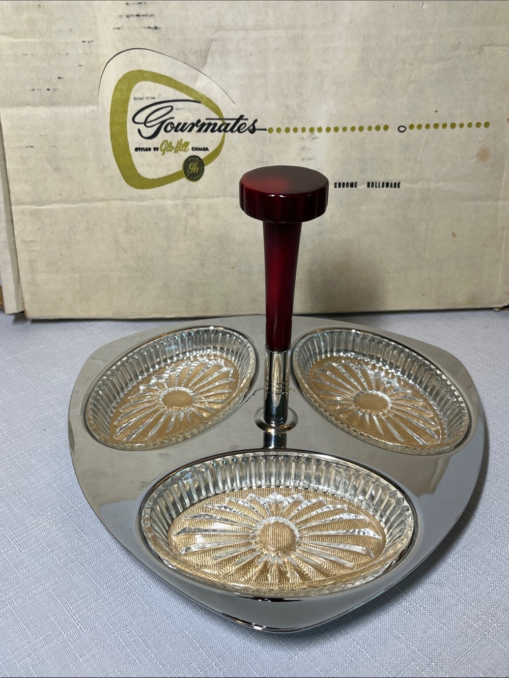 Vintage Gourmates Stainless Steel & Glass 3-Section Server with Red Handle & Box